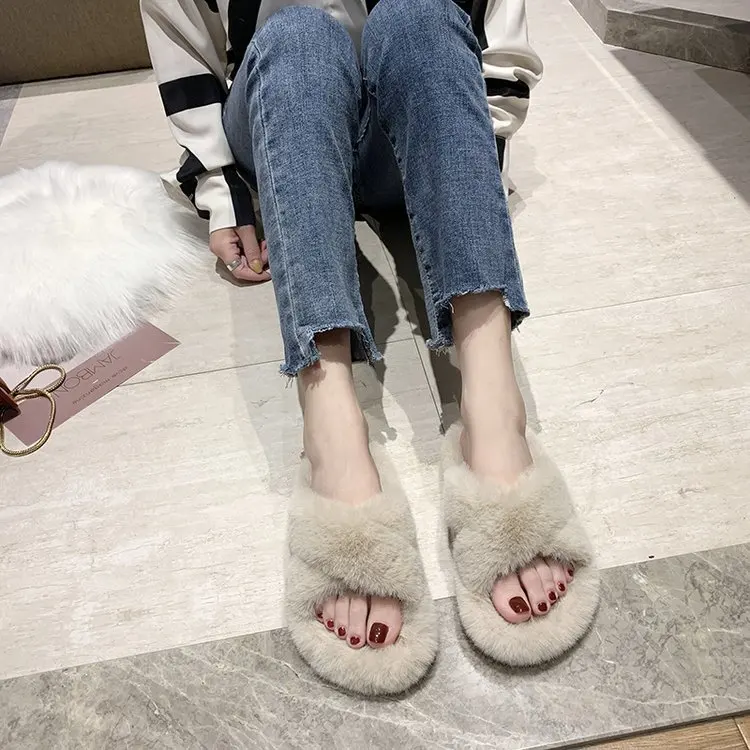 

MAGGIE'S WALKER Faux Fur Fashion Warm Shoes Women Winter Home Slippers Ladies Slip On Sliders Fluffy Soft Thick Non-slip Flat