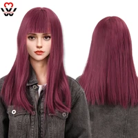 manwei long red wine color synthetic wig with bangs straight hair wigs for women heat resistant cosplay natural daily wigs
