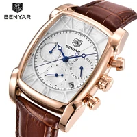 benyar new quartz mens watches fashion leather gold watch men top luxury brand wristwatch man military chronograph reloj hombre