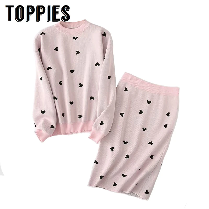 Вязаный комплект из двух предметов женский милый форма сердца Джемперы и юбки