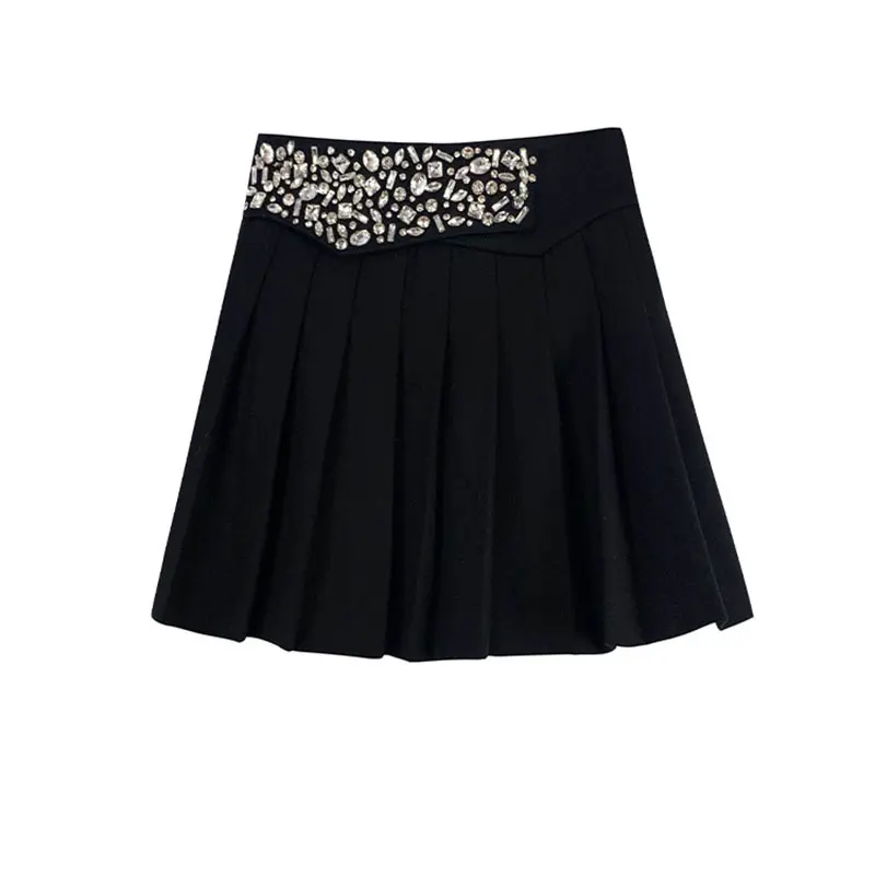 

XITAO Pleated High Waist Skirt Fashion New Women Elastic Waist Patchwork Splicing with Diamonds 2021 Spring Skirt ZY4830