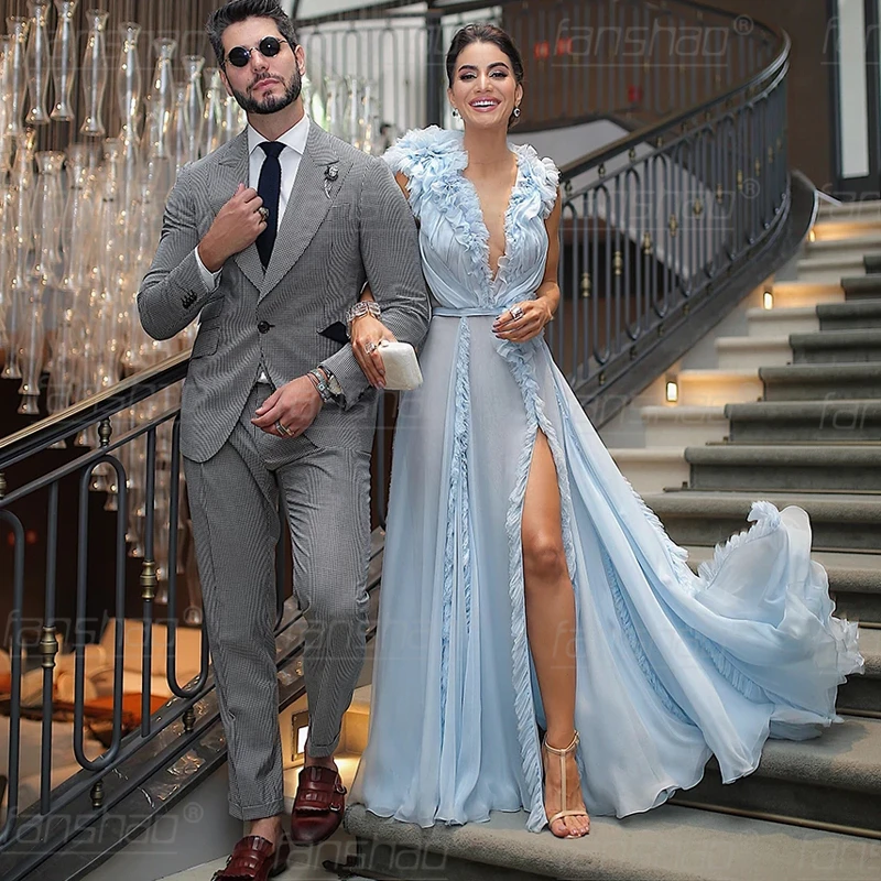 Fanshao небесно голубого цвета хаки цветов длинное шифоновое вечернее платье платья