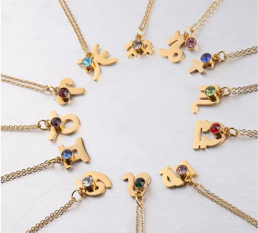 

wholesale 12Piece/lot Birthstone Constellations Necklaces Mirror Polish Stainless Steel Gold Color 12 Zodiac Signs Necklace