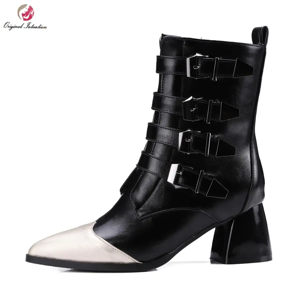 

Original Intention Elegant Women 4 Buckle Straps Ankle Boots Pointed Toe Square heels Shoes Woman Mature Black Plus Size 3-16