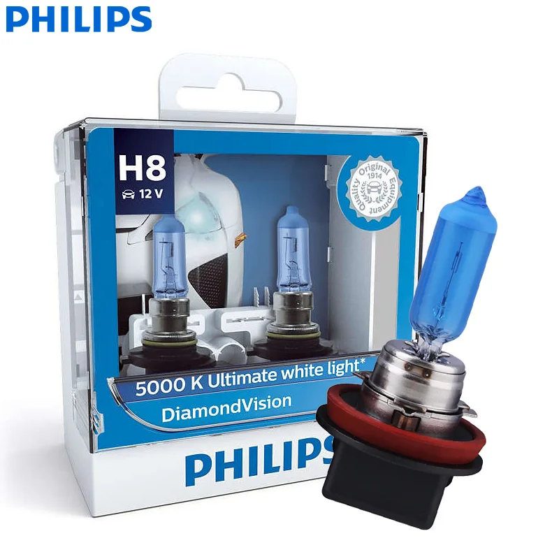 H8 Philips Diamond Vision H1 H4 H7 H8 H11 9005 9006 HB3 HB4 12V DV 5000K холодный белый светодиодный светильник автомобильные галогенные лампы головного светильник противотуманная фара, 2X - Испускаемый цвет: H8