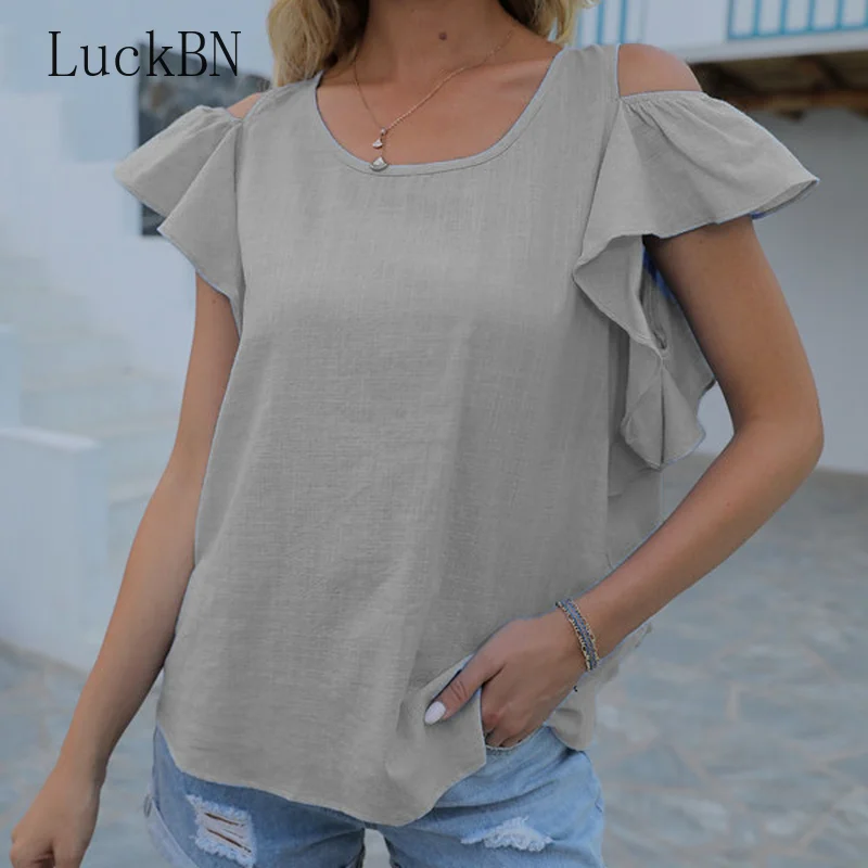 

Cotton Blouses Sexy Loose Women's Blouse Summer Shirt Solid Color Ladies Off-shoulder Ruffle Casual Short-sleeved Top Pink 2021