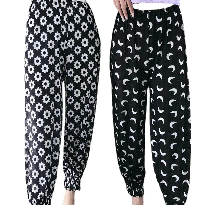 

2021 Plus Size Anti-mosquito Pants Women's Tye Dye Leggings Ice Silk Bloomers Women's Home Wide-leg Pants Tie Feet Girl Trousers