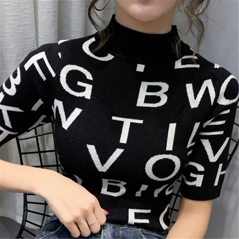 

High quality Stretch Knitting T-shirt Women Fashion Letter Short sleeve T shirt Turtleneck Tees Tops Women Plus Size Tshirt 2020