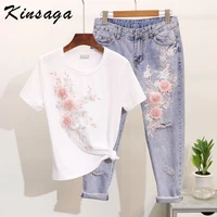 women 3d floral appliqued cotton t shirtembroidery capris jeans 2 pieces sets summer short tees ankle length denim pants suits
