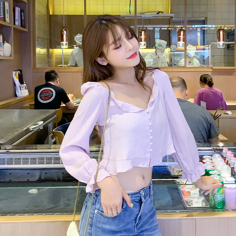

2021 spring and summer new Korean version of wild light pink front buttoned shirt retro loose and thin ruffled V-neck