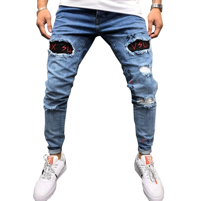 

Skinny Jeans Men Denim Pants Hole Ripped Embroidered Pencil Pants Strench Straight Trousers Casual Jeans Men's Clothing