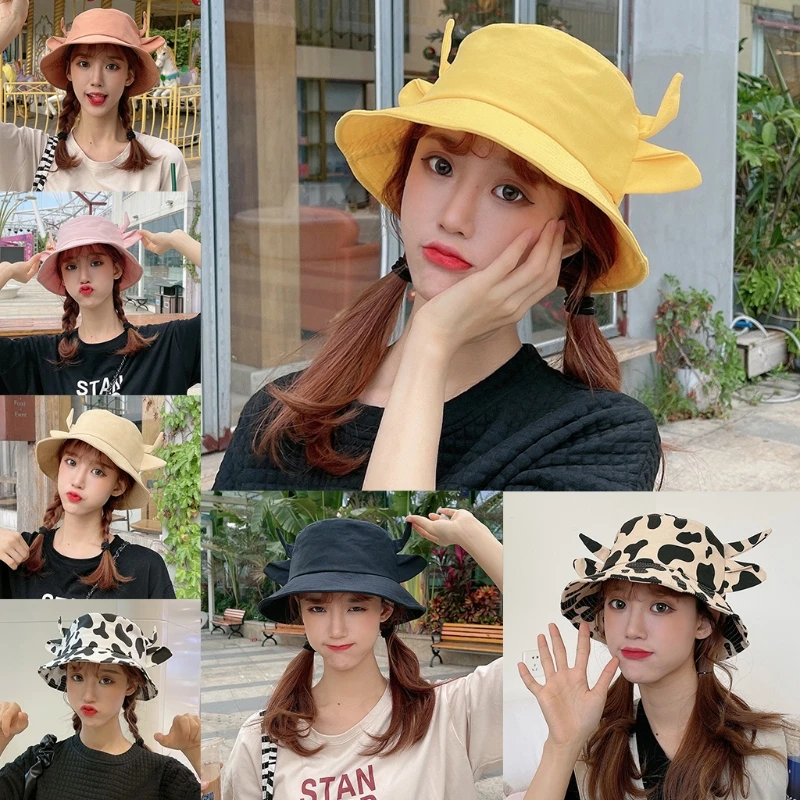 

Korean Women Men Summer Cotton Bucket Hat Milk Cow Pattern Kawaii 3D Ox Horn Ears Wide Brim Sunscreen Fisherman Cap