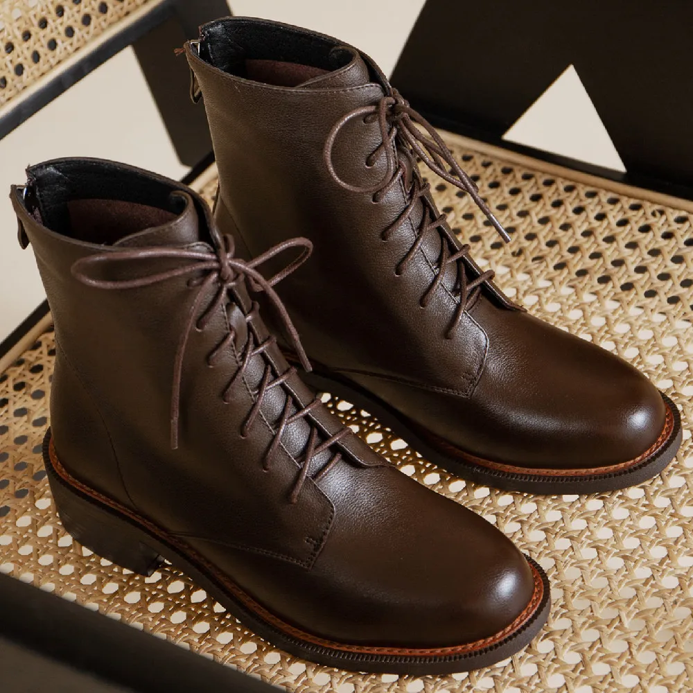 

Women's genuine leatehr lace-up autumn ankle boots back zip casual short motorcycle boots top quality martin boots shoes women