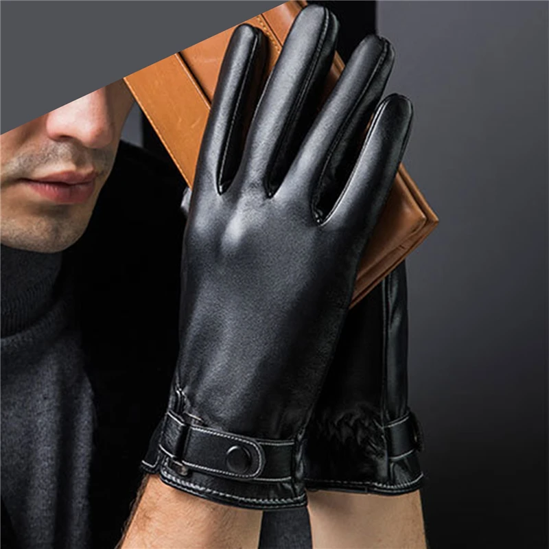 

Plus Velvet 2021 Men's PU Leather Gloves Sheepskin Gloves Fashion Female Windproof Gloves Autumn And Winter Mittnes New