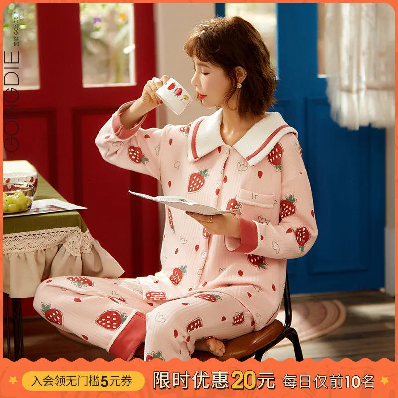 

Flannel Pajamas Women's Autumn and Winter Fleece-Lined Thickened Warm Coral Fleece Winter Sweet Cute Princess Style Home Wear