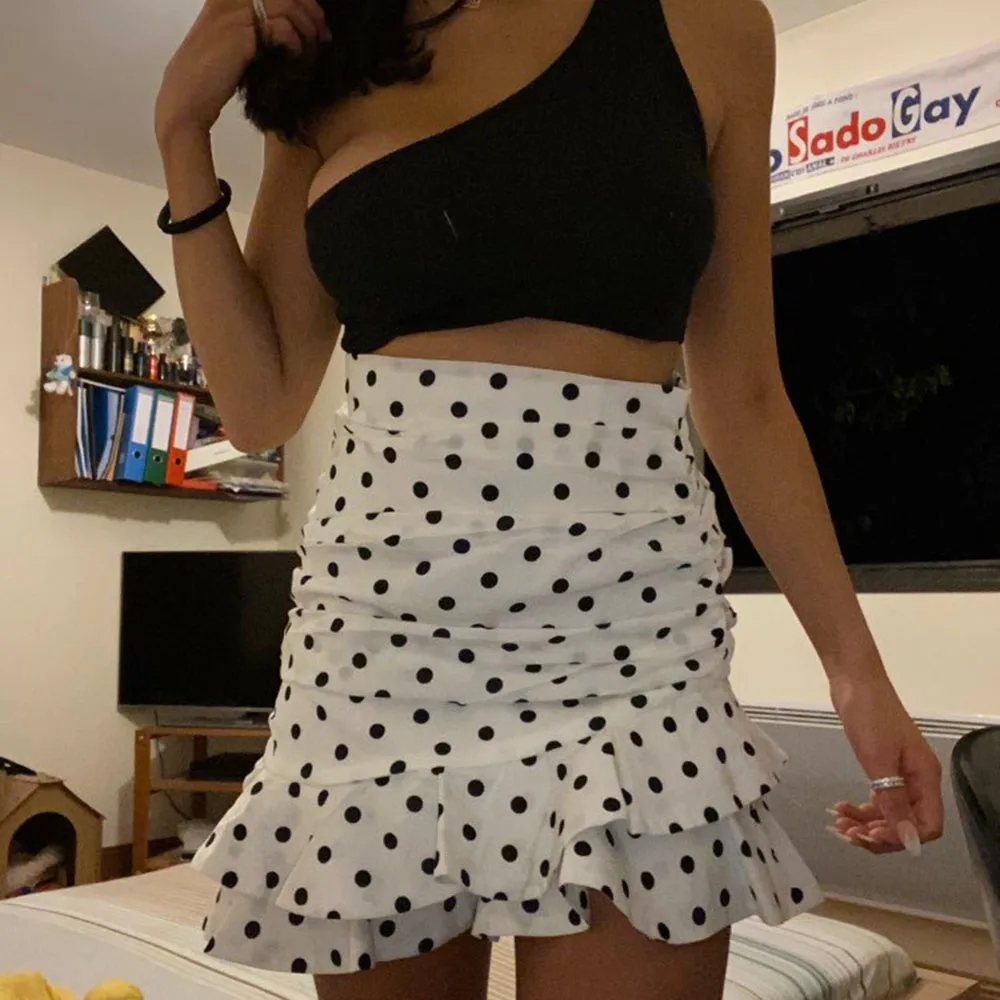 

Stylish Chic Polka Dot Print Ruched Asymmetrical Slim Mini Skirt Za 2022 Fashion Women Skirts Casual Streetwear Jupe Femme