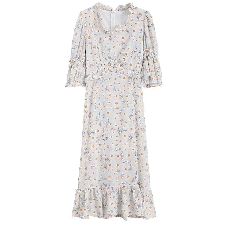 

Women Chiffon Dress Puff Sleeve Summer Basic Literary Floral Print Sweet Ruffle Vacation Vestidos
