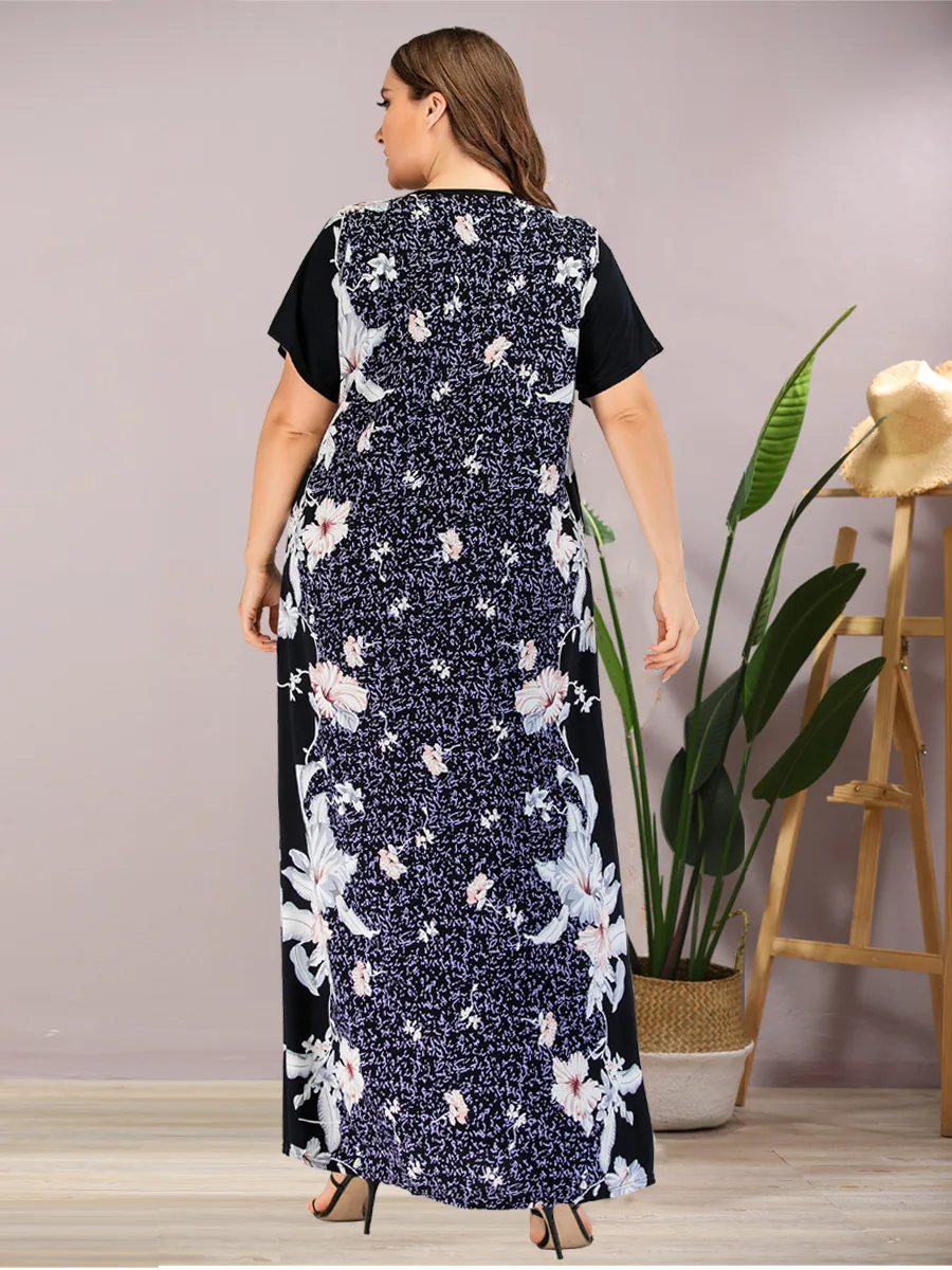 

summer Women Casual short Sleeve floral Print Tank maxi Dress plus size loose abaya kaftan ramadan robe moroccan gown VKDR2116