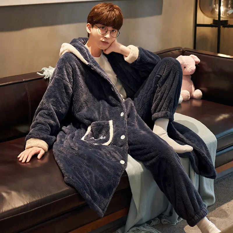 Sleeping Robe Male Winter Thickened Long Section Coral Fleece Pajamas Rabbit Warm Autumn and Winter Facecloth Bathrobe Set