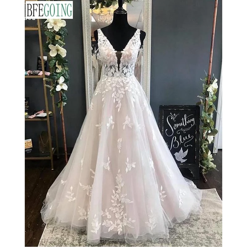 

Tulle Organza Lace V-Neck Sleeveless Floor-Length A-Line Wedding Gowns Chapel Train Custom Made Bridal Dresses
