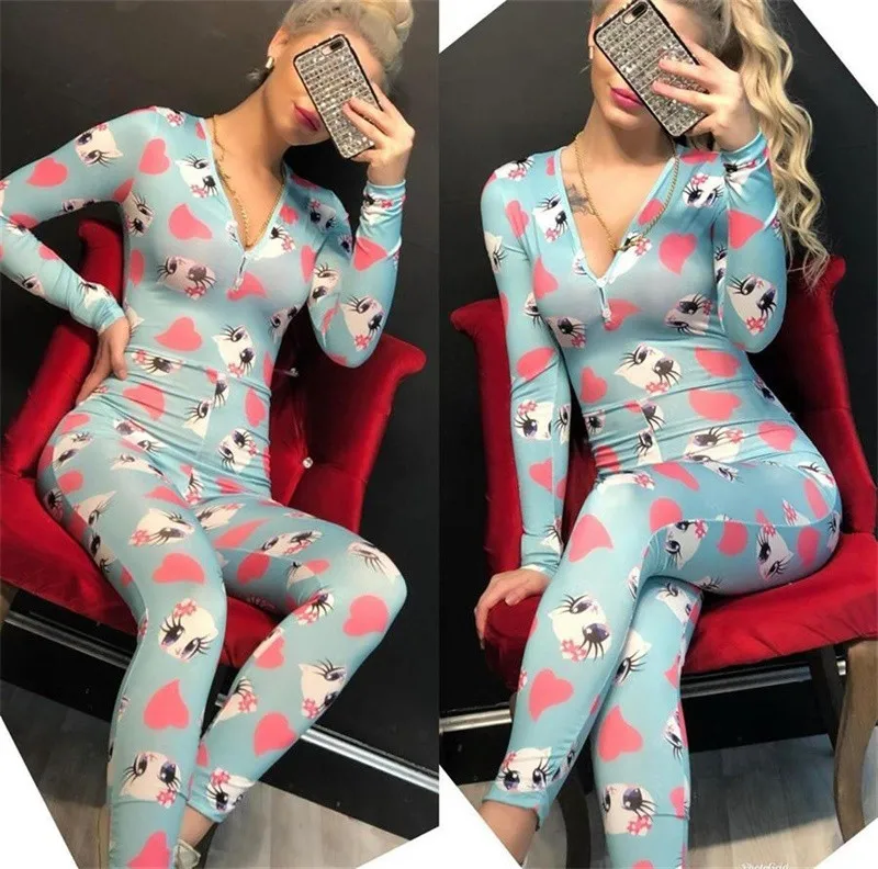 

2020 Women Long Sleeve V-neck Single Breasted Pajamas Jumpsuit Sleepwear Casual Female Print Slim Fit One Piece Nightwear Romper