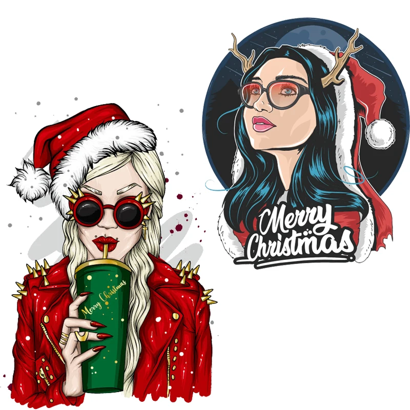 

Christmas Punk Beauty Girl Patches Thermal Stickers on Clothes Iron-on Transfers for Clothing Thermoadhesive Patch Diy Applique