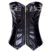 fashion black sexy women faux leather zipper steampunk corsets waist overbust corset
