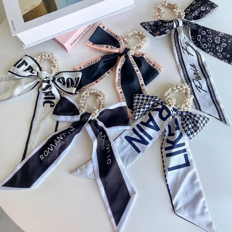 

Fashion Pearl Hair Bands Bow Satin Long Ribbon Ponytail Scarf Hair Tie Women Girls Elastic Hair Bands Hair Accessories