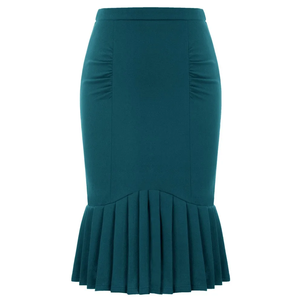 

Grace Karin Vintage Skirts Ladies Pleated Hem Bodycon Skirts Knee Length Solid Color High Waist Hips Wrapped Shirred Skirts Sexy