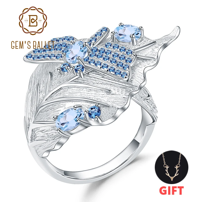 GEM'S балетное 925 пробы Серебряное кольцо ручной работы в виде листьев стрекозы 0.78Ct натуральный Швейцарский Голубой Топаз кольца ювелирные изделия для женщин Bijoux