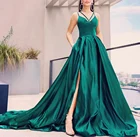 Женское атласное платье на молнии сзади, Элегантное Длинное ТРАПЕЦИЕВИДНОЕ зеленое платье с карманами, бальное платье до пола для выпускного вечера