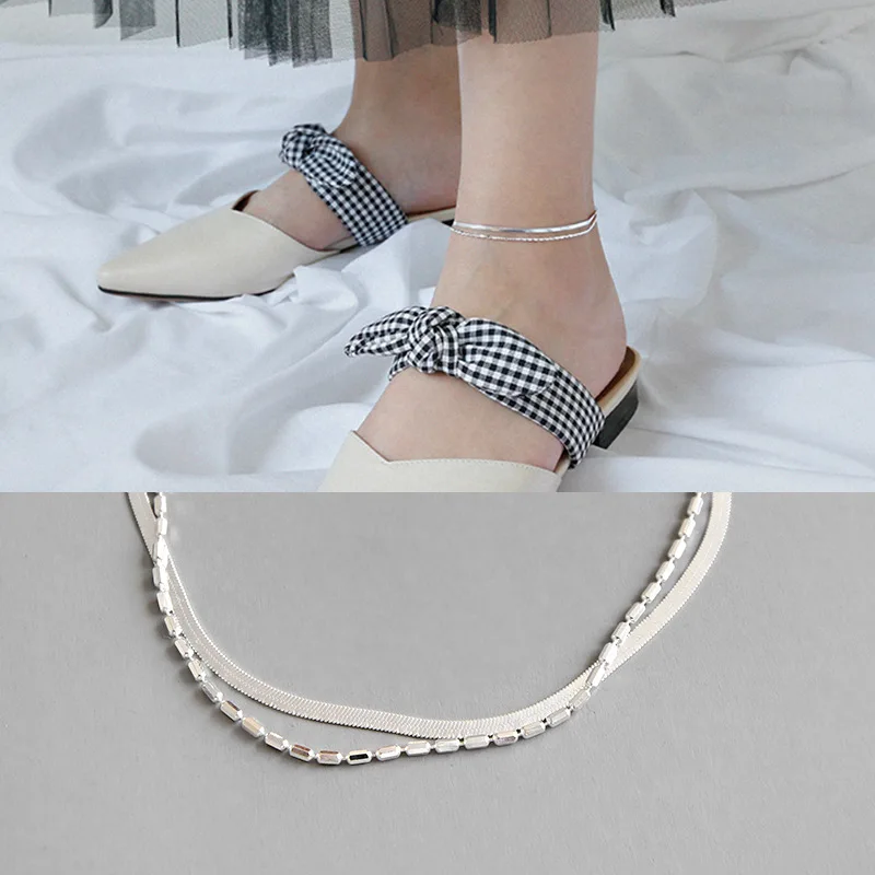 

Flyleaf 925 Sterling Silver Anklets For Women Simple Double Layer Fashion Chain Personality Ankle Leg Fine Jewelry Enkelbandje