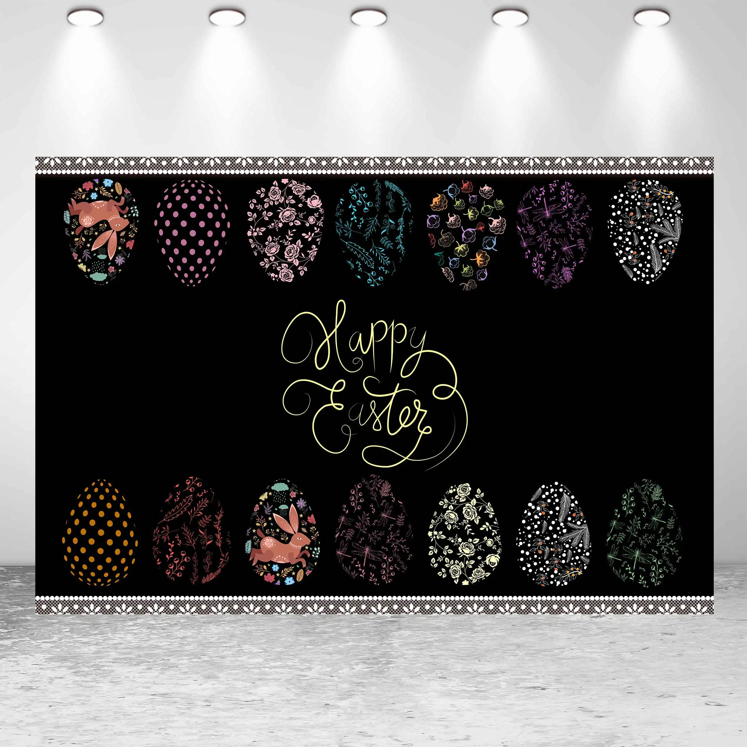 

Baby Cartoon Spring Easter Day Backdrop Rabbit Eggs Black Child Photo Photography Flowers Colored Ribbon Party Backgrounds