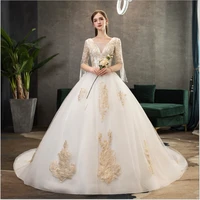luxury wedding dress tulle v neck half sleeves lace applique beading tassels fan back net lace up bridal ball gown