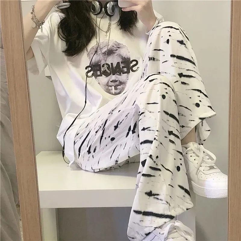 

Summer Casual womens two peice outfits Fashion O-Neck Print short sleeves top+Wide Leg Pants High Street loose plus size sets