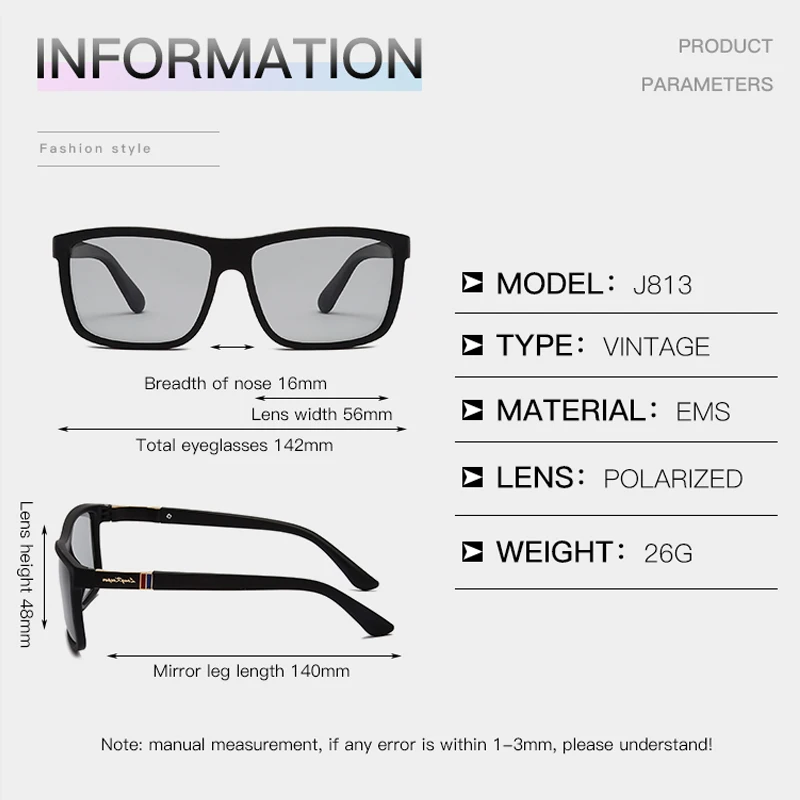 

Men's Photochromic Polarized Sunglasses Tr90 Square Sun Glasses Brand Design Male UV400 Driving Glasses Gafas de sol hombre