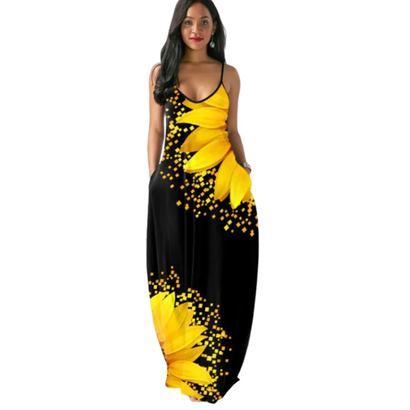 

2021 Sunflower Print Long Maxi Dress Sleeveless Women Summer Sexy V-Neck Black Strappy Dress Open Back vestido de verano