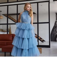 elegant prom dress 2021 a line 3 layers blue tulle sleeveless halter with sash women formal evening dress graceful backless