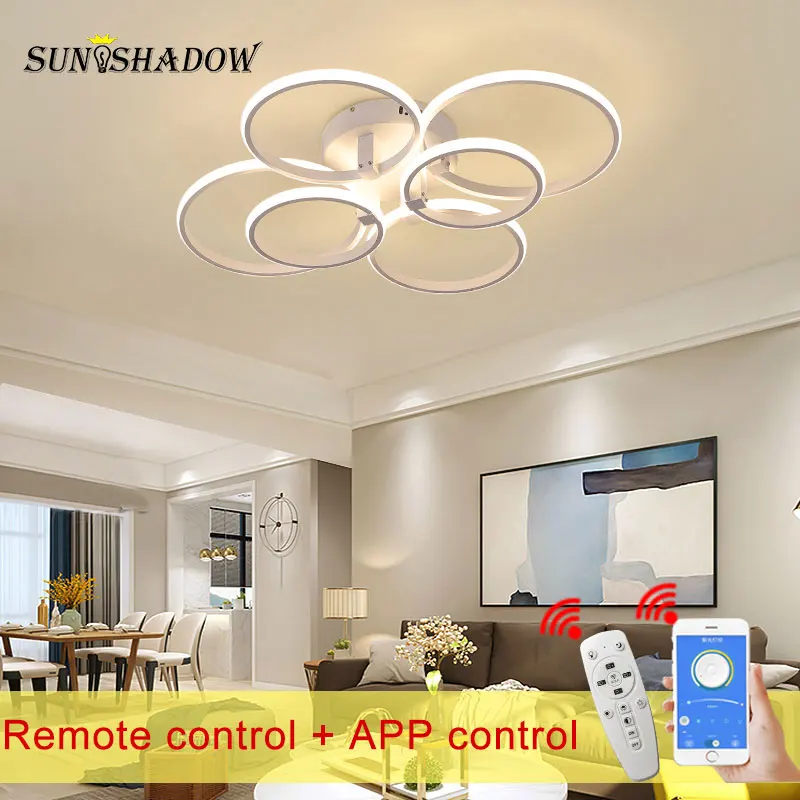 Lámpara Led de techo moderna para sala de estar, comedor, dormitorio, mando a distancia con aplicación regulable, 110V, 220V, círculos, blanco y negro