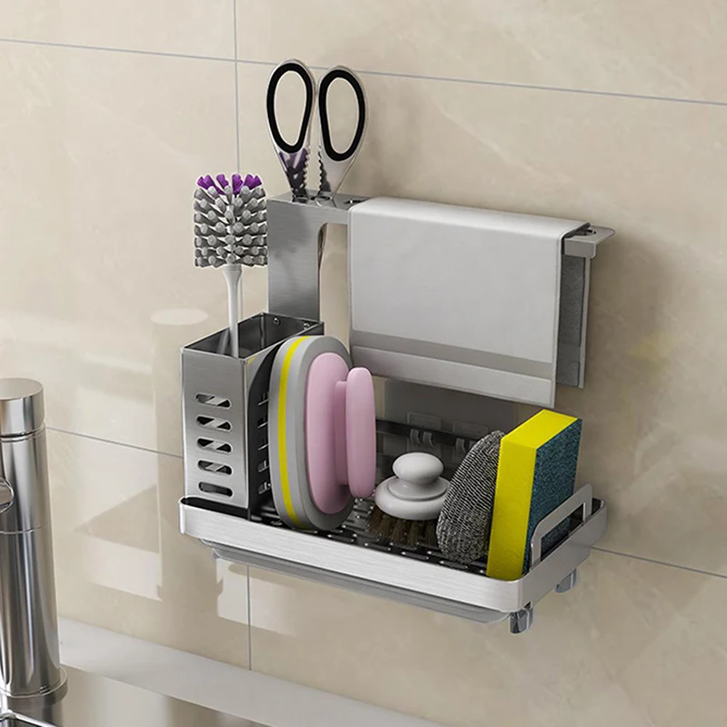 

Kitchen Organizer Sink Caddy Organizer Stainless Steel Sponge Soap Brush Holder With Drain Pan Premium Kitchen Drying Rack