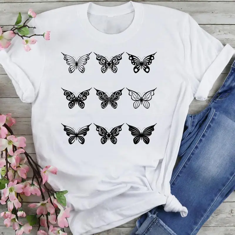 

Женская футболка с рисунком бабочки, милый трендовый стиль 90-х, модная летняя женская одежда с мультяшным принтом, топы с коротким рукавом, ф...