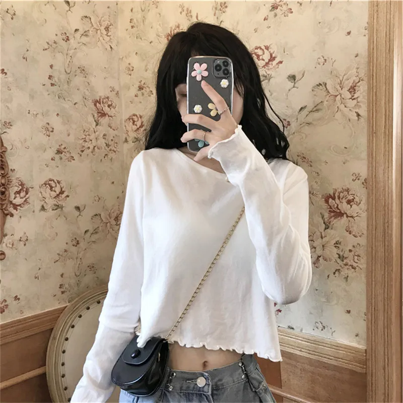 

Autumn Thin Solid Color T-Shirt Multicolor Long-Sleeved Bottoming Shirt Female Harajuku Short O Neck Top Ins Women's Clothing