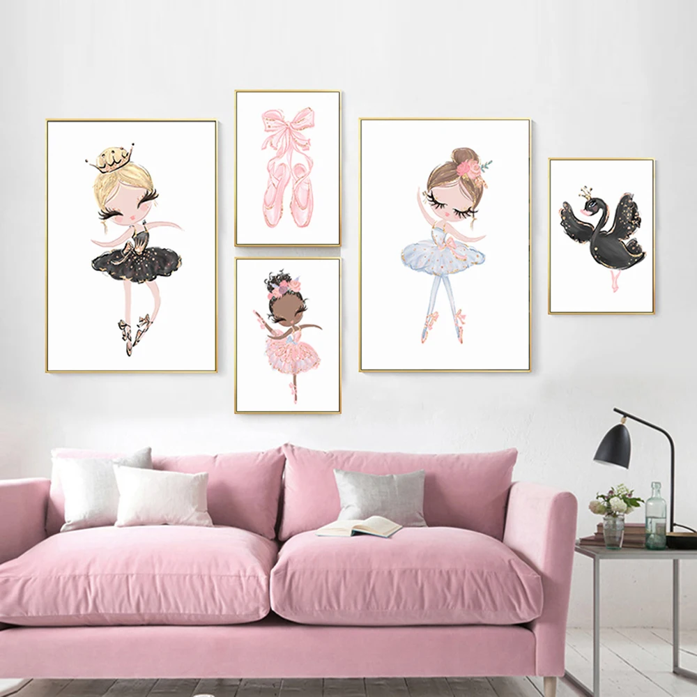 

HD Nordic Pink Cute Cartoon Ballet Dancing Girl Picture Sweet Swan Canvas Painting For Children's Room Nursery Wall Decor Poster