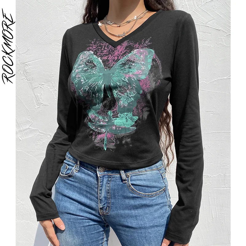 

Rockmore Butterfly Print T-shirt Women Aesthetic Long Sleeve Top Autumn Casual Retro Dark Academia Graphic Tee Shirt Grunge