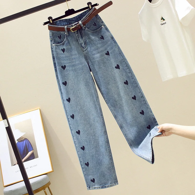 

Jeans spring and summer 2021 new women's wear Korean student chic embroidery high waist straight pants