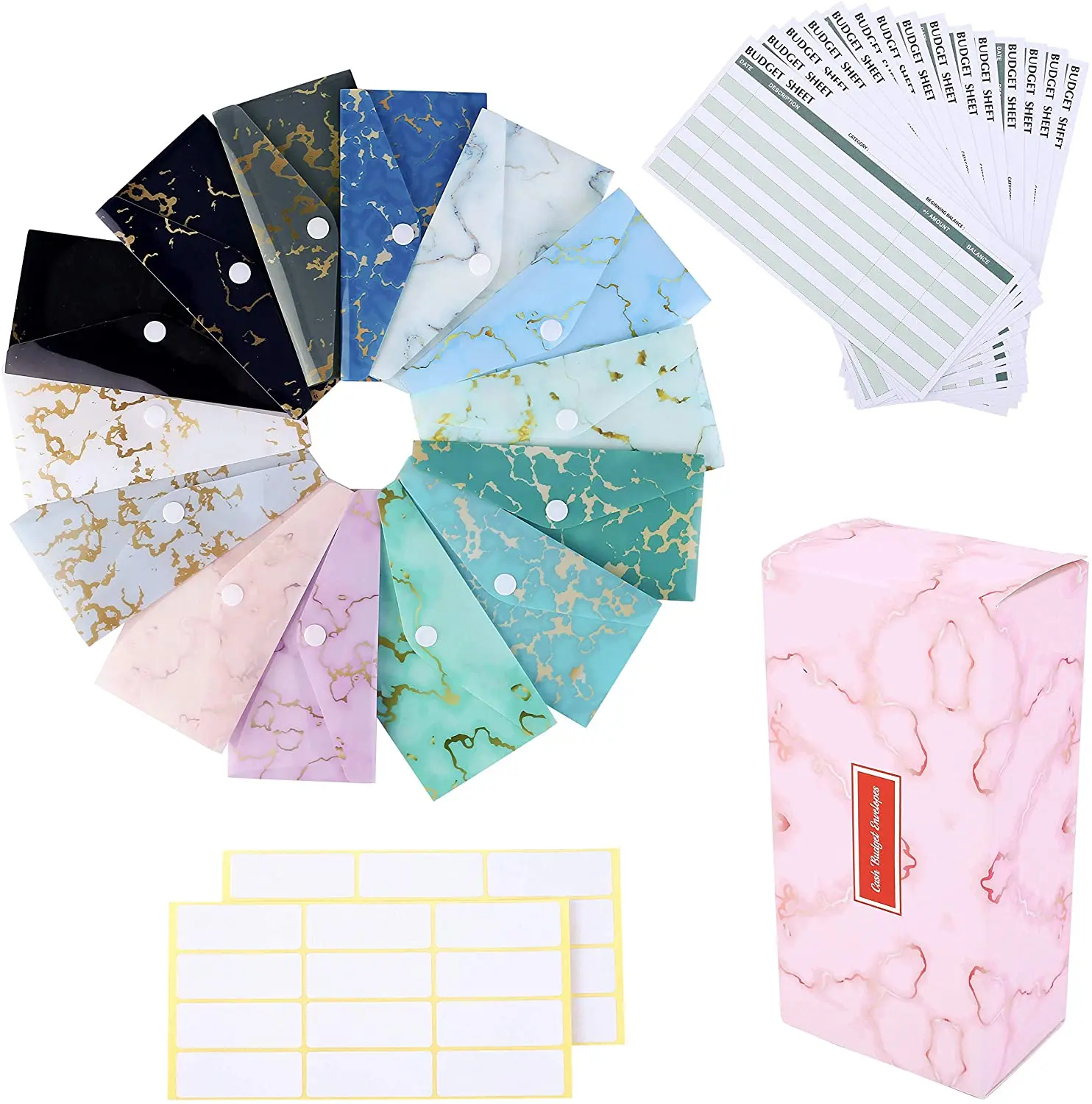 

Cash Envelope System 15 Pack Waterproof Reusable Plastic Budget Envelopes and Expense Budget Sheets and 24 Bill Stickers