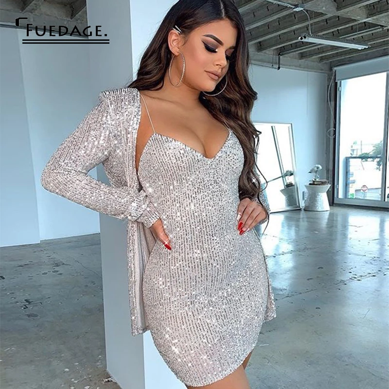 Женское мини платье с блестками Fuedage Клубное блестящее v образным вырезом и