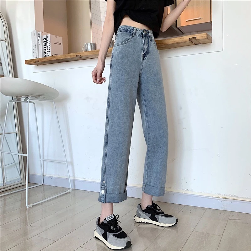

Jeans Women's High Waist Slimming Baggy Straight Trousers 2021 Summer New Korean Style Retro Easy Matching Casual Wide Leg Pants