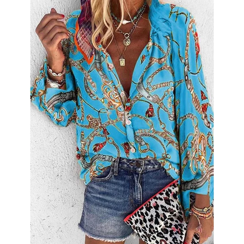 

Spot autumn and winter button V-neck women's r single breasted printed shirt top om9129