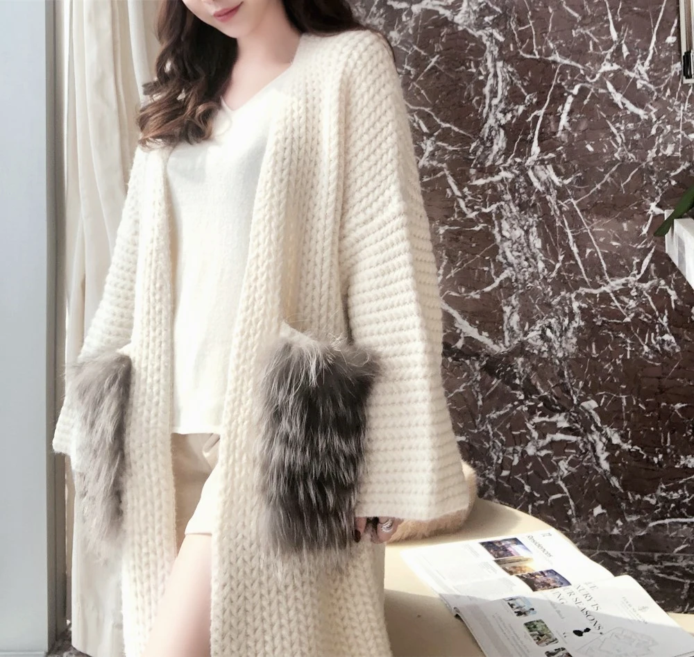 Корейский женский толстый белый шерстяной кардиган элегантный длинный